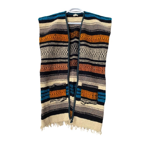 Vintage Jackets & Blazers - Vtg South American Blanket Vest Fringe Multicolour